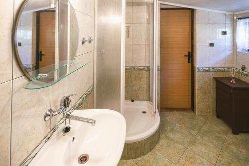 ein Badezimmer mit einem Waschbecken, einer Badewanne und einem Spiegel in der Unterkunft Chalupa Bozkovska in Vysoké nad Jizerou