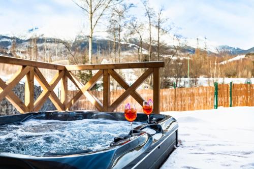 two glasses of wine in a hot tub in the snow at Chalets Royal, Tatranská Lomnica in Tatranská Lomnica