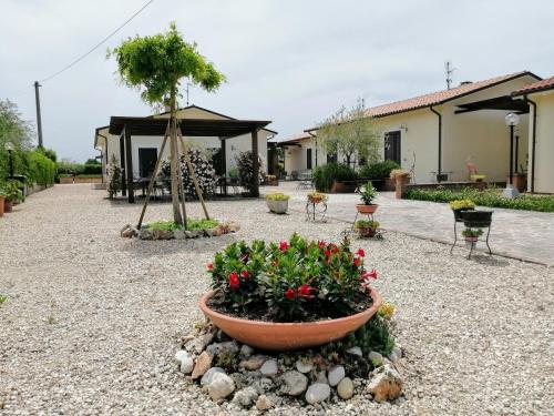 a garden with a large pot of flowers and a house at Residence Terra Dei Santi Country House in Spello