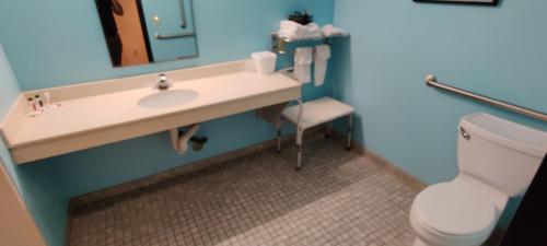a bathroom with a sink and a toilet and a mirror at Super 8 by Wyndham Pennsville/Wilmington in Pennsville