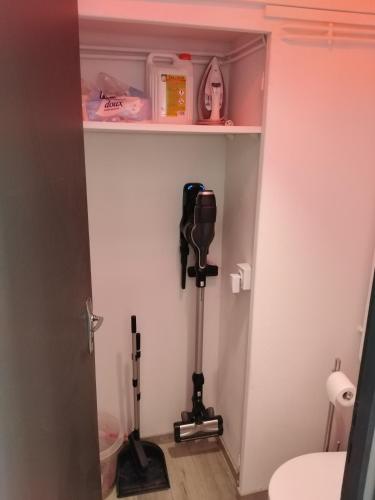 La salle de bains est pourvue de toilettes et d'une caméra. dans l'établissement Font-romeu via odeillo jolie Appartement 6 personnes plein sud, à Font-Romeu-Odeillo-Via