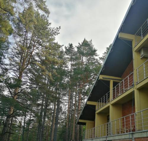 a building with trees in the background at Hotel President garni in Zlatibor