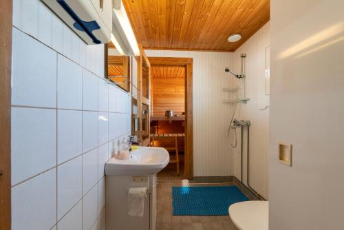 a bathroom with a sink and a toilet and a shower at Wild Stay - Ounasrannan majat, Tepasto in Tepasto