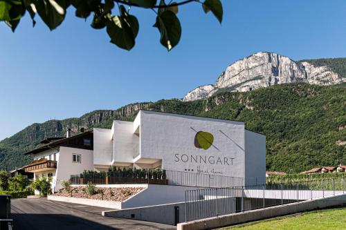 a building with a mountain in the background at Hotel Garni Sonngart in Andrian