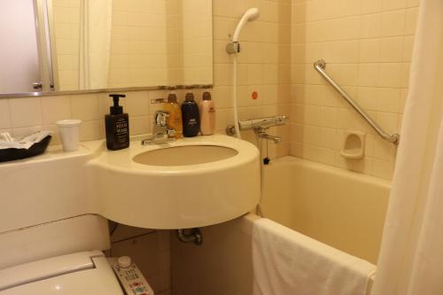 a bathroom with a sink and a toilet and a tub at Aizuwakamatsu Washington Hotel in Aizuwakamatsu
