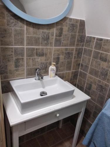 a bathroom with a white sink and a mirror at Berkenye-lak in Zánka