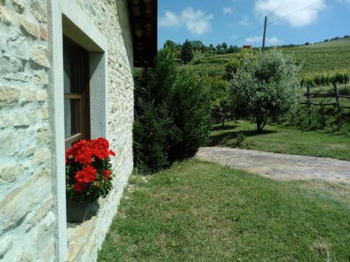 a window of a stone building with a flower box with red flowers at Cà Tinola in Mango