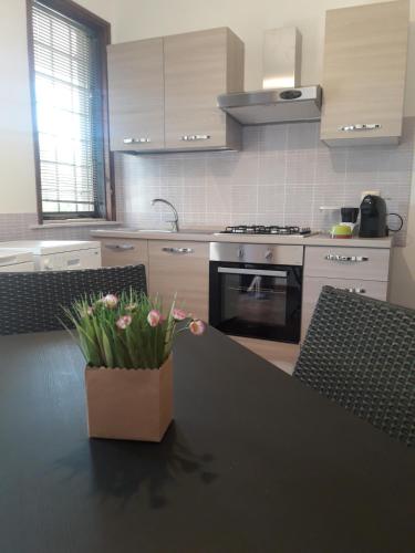a kitchen with a table with a vase of flowers on it at Sweet Home & Apartments in Fontane Bianche