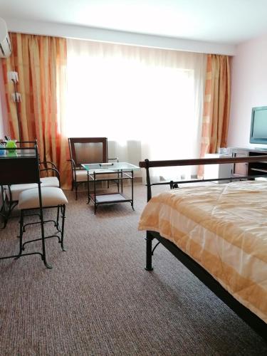 a hotel room with a bed and a table and chairs at Hotel Monteoru in Sărata-Monteoru