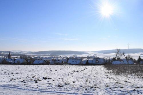 a field covered in snow with the sun in the background at Ferienwohnung auf dem Dorf, Külsheim in Külsheim