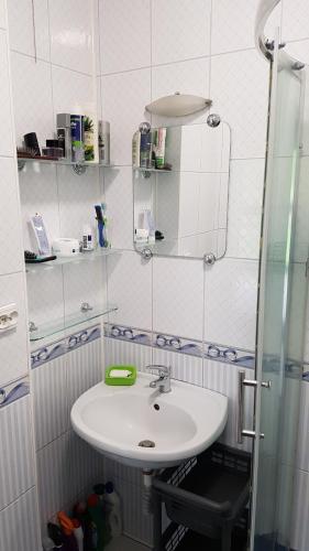 a bathroom with a sink and a glass shower at Domek w NABO in Załuski