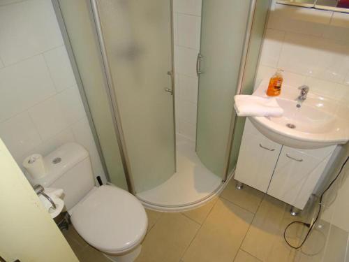 uma casa de banho com um chuveiro, um WC e um lavatório. em Condo Gardens Leuven - Large One Bedroom em Lovaina