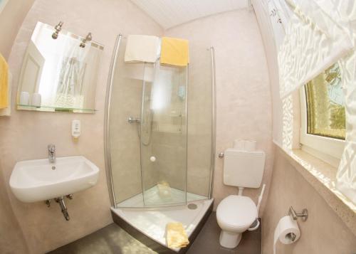 a bathroom with a shower and a toilet and a sink at Pension Sigle in Dingolfing