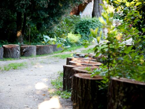 a row of wooden benches in a park at Andelomi Forest Lodge in Stormsrivier