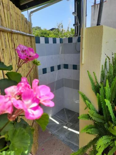 a bathroom with pink flowers in front of a shower at Casa Vacanze Arba Girasole in Girasole
