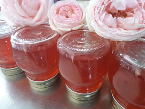 a group of glass jars with pink flowers in them at Agriturismo SanCristoforo in Levanto