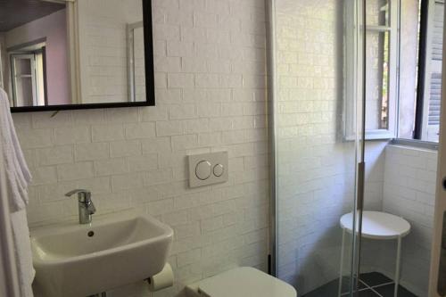 een badkamer met een wastafel, een toilet en een spiegel bij Rocks apartment Colonno in Colonno