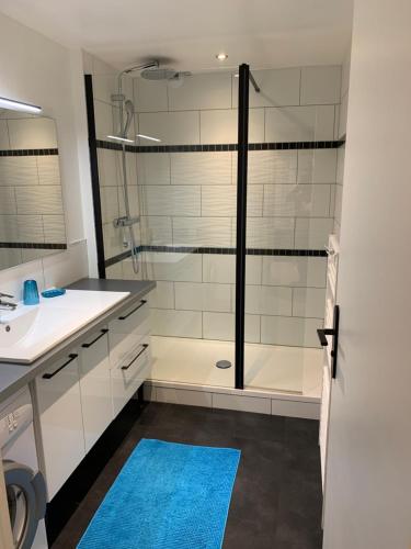 La salle de bains est pourvue d'une douche et d'un tapis bleu. dans l'établissement Splendide appartement proche de tous commodités, à Le Touquet-Paris-Plage