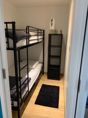 - un couloir avec 2 lits superposés dans une chambre dans l'établissement Splendide appartement proche de tous commodités, à Le Touquet-Paris-Plage