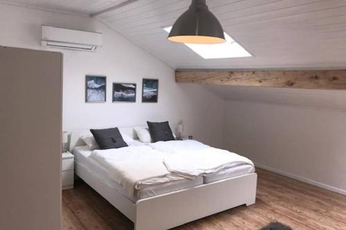 ein Schlafzimmer mit einem großen weißen Bett in einem Zimmer in der Unterkunft Villetta near Argegno Dizzasco in Muronico