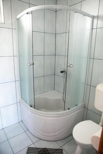 a shower in a white bathroom with a toilet at Hotel Allegro in Eforie Nord