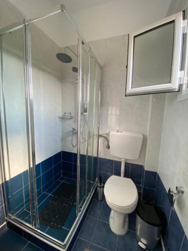 a bathroom with a toilet and a glass shower at Rooms Magnolia in Nea Vrasna