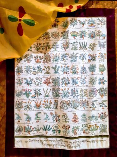 a quilt with plants on it on a table at B&B Saluzzo Paesana 1718 in Turin