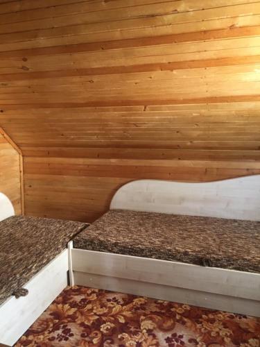 - 2 lits dans une chambre avec un mur en bois dans l'établissement Butas Vladas, à Nido