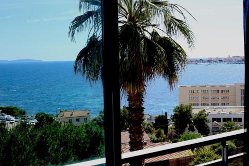 a view of the ocean from a balcony with a palm tree at Mare e Vista in Ajaccio