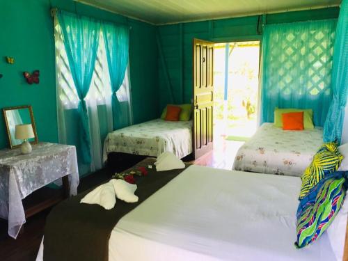 a bedroom with two beds with blue walls and a window at All Rankins Eco-Lodge in Tortuguero