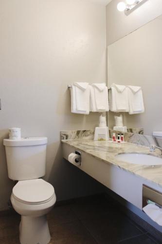 a bathroom with a toilet and a sink and a mirror at Days Inn by Wyndham Show Low in Show Low