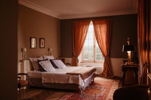 ein Schlafzimmer mit einem großen Bett und einem Fenster in der Unterkunft Château Laborde Saint Martin in Candé-sur-Beuvron
