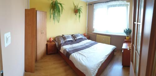 ein Schlafzimmer mit einem Bett mit Kissen und einem Fenster in der Unterkunft Przytulne mieszkanie nad morzem in Ustronie Morskie
