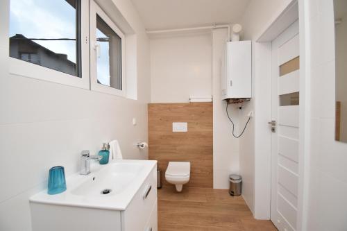 a bathroom with a white sink and a toilet at Apartamenty Pod Skalitem in Szczyrk