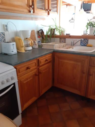 a kitchen with wooden cabinets and a counter top at La Maisonnette in Wissant