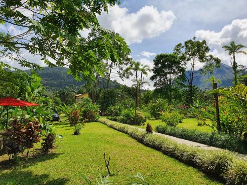 a garden with green grass and trees and mountains in the background at Yellow Tree Suites in Fortuna