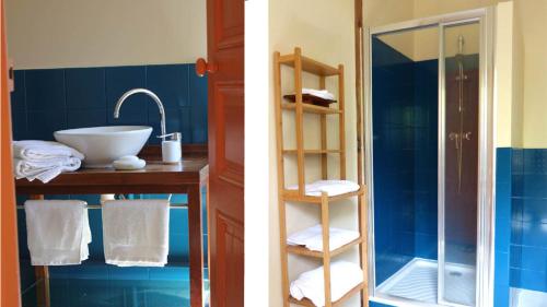 two pictures of a bathroom with a sink and a mirror at Chalet Lakmé in Le Pouliguen