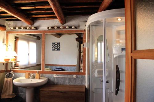 a bathroom with a sink and a shower at Cortijo Close in Busquístar