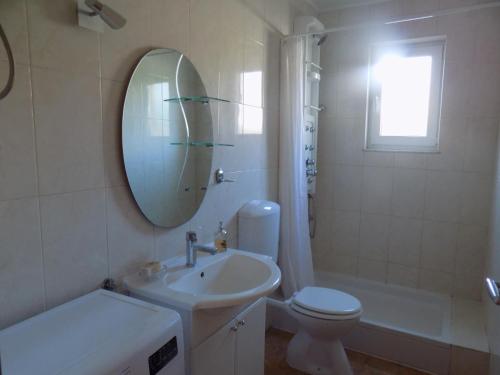 uma casa de banho com um lavatório, um WC e um espelho. em Apartmani Galić em Maslenica