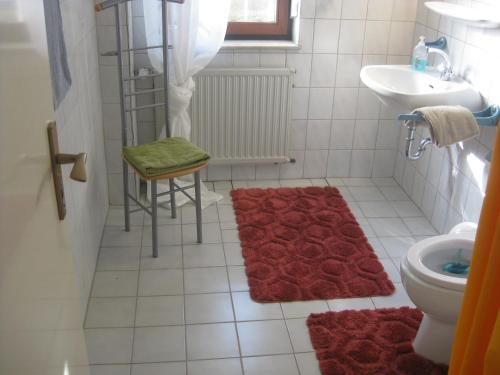 a bathroom with a sink and a toilet and red rugs at Main-Kinzig Gästewohnung in Hasselroth