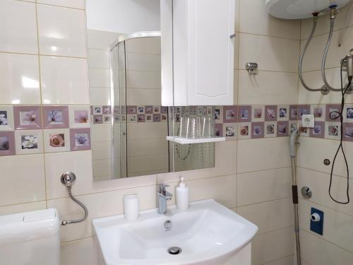 a bathroom with a sink and a mirror at Apartmani Pilić Ljiljana in Brodarica