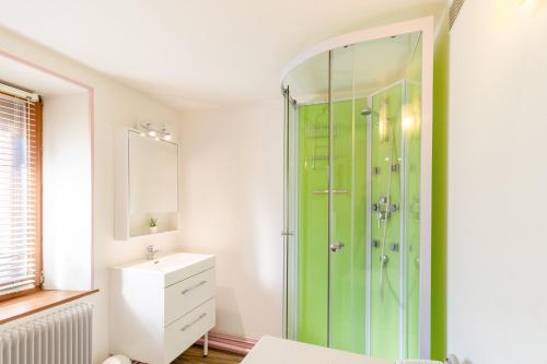 La salle de bains est pourvue d'une douche verte et d'un lavabo. dans l'établissement Gite le Sotré, à Bussang