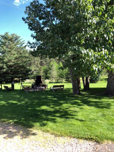 a park with benches and trees in the grass at Spring Creek Inn in Hill City