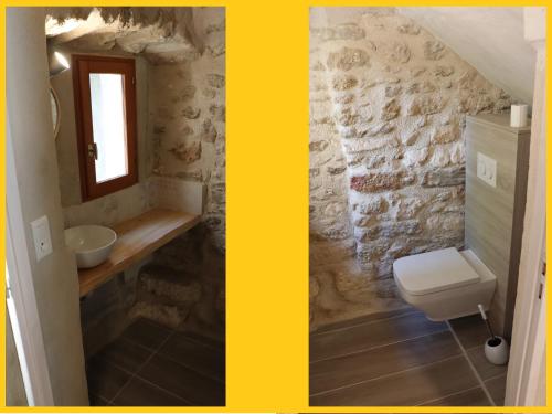 two pictures of a bathroom with a sink and a toilet at L'Ensoleillée in Ménerbes