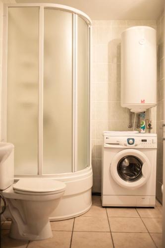 a bathroom with a shower and a toilet and a washing machine at NIDA in Nida