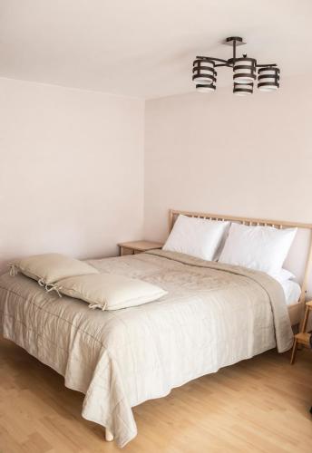 a bedroom with a large bed with white walls at NIDA in Nida