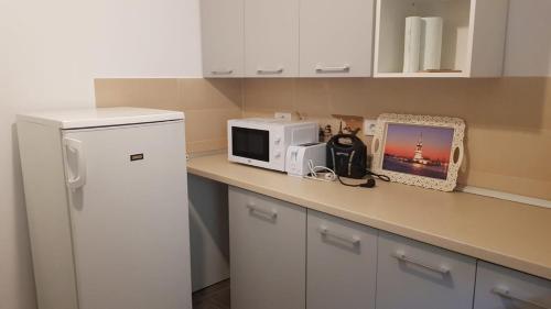 a kitchen with a counter with a microwave and a refrigerator at Seawave Beach Apartament in Constanţa