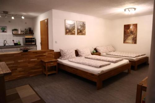 uma sala de estar com 2 camas e uma cozinha em Ferienwohnung Tislenko em Rust