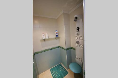 a bathroom with a shower and a swimming pool at Atico centro Oviedo 3hab+garaje+terraza+wifi in Oviedo