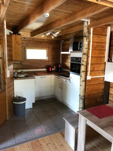 a kitchen with white cabinets and a wooden wall at Ferienhaus Sterling in Luckau